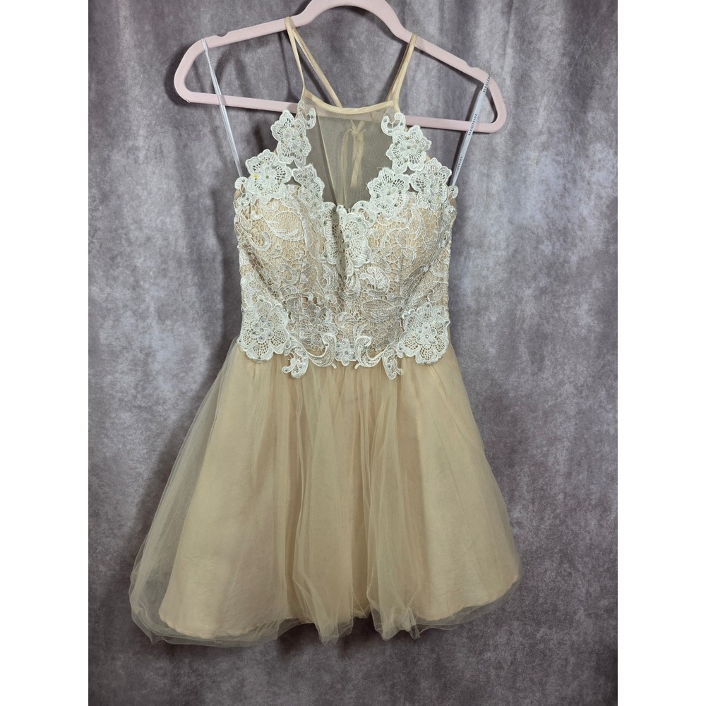Champagne Lace Tulle Halter Homecoming Dress Rhinestone Embellished Cocktail